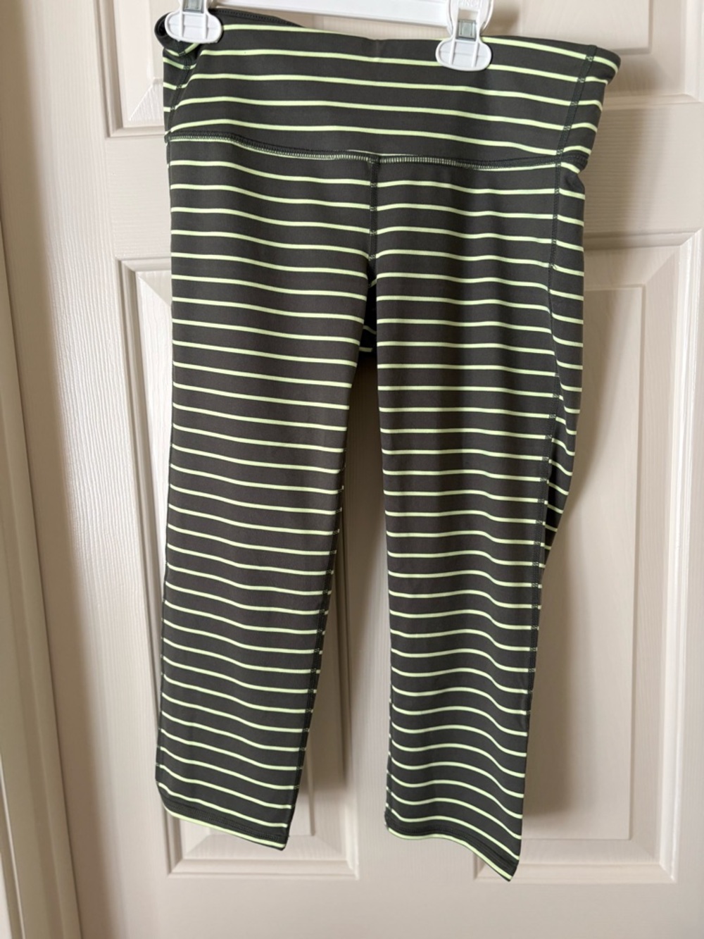 Athleta Olive Green and Neon Yellow Striped Capri Leggings